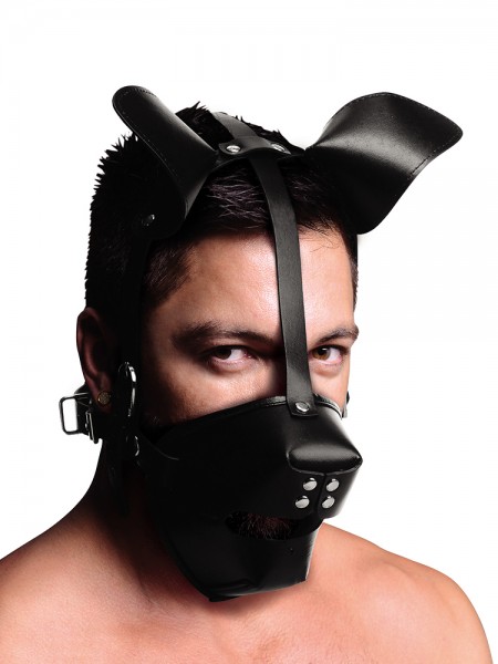 Master Series Pup Puppy Play Hood: Kopfmaske mit Knebel, schwarz